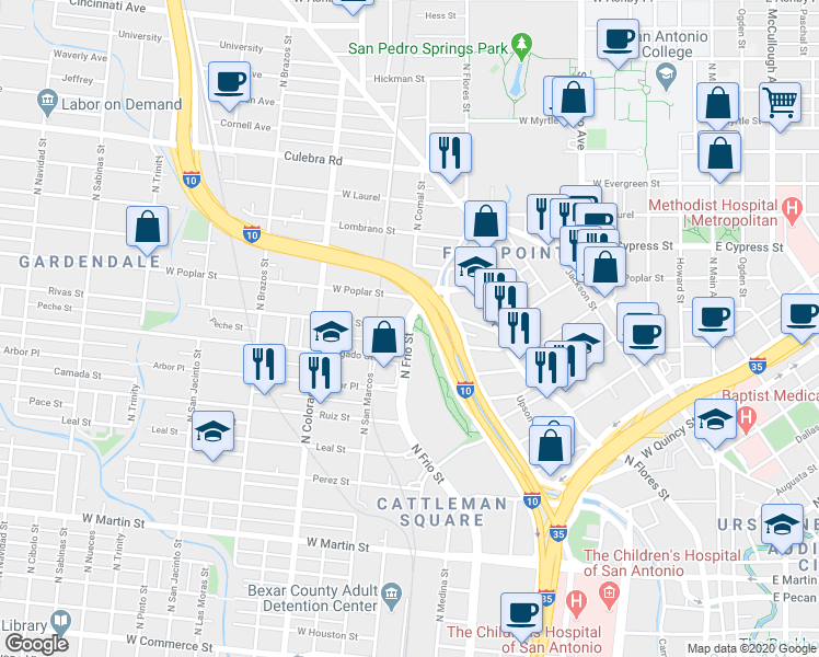 map of restaurants, bars, coffee shops, grocery stores, and more near 1200 North Frio Street in San Antonio