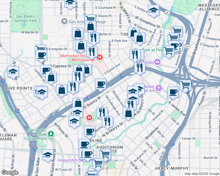 map of restaurants, bars, coffee shops, grocery stores, and more near 507 East Quincy Street in San Antonio