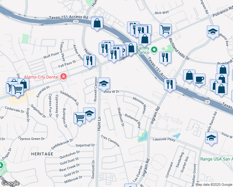 map of restaurants, bars, coffee shops, grocery stores, and more near 103 Shadbush Street in San Antonio