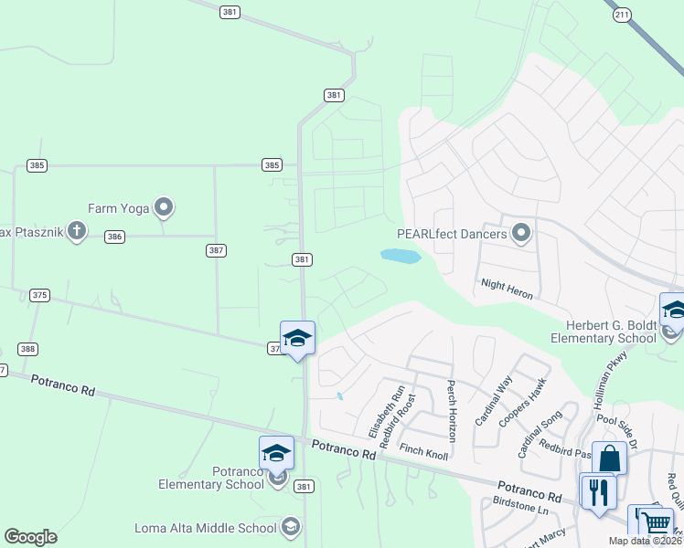 map of restaurants, bars, coffee shops, grocery stores, and more near 430 County Road 381 in San Antonio