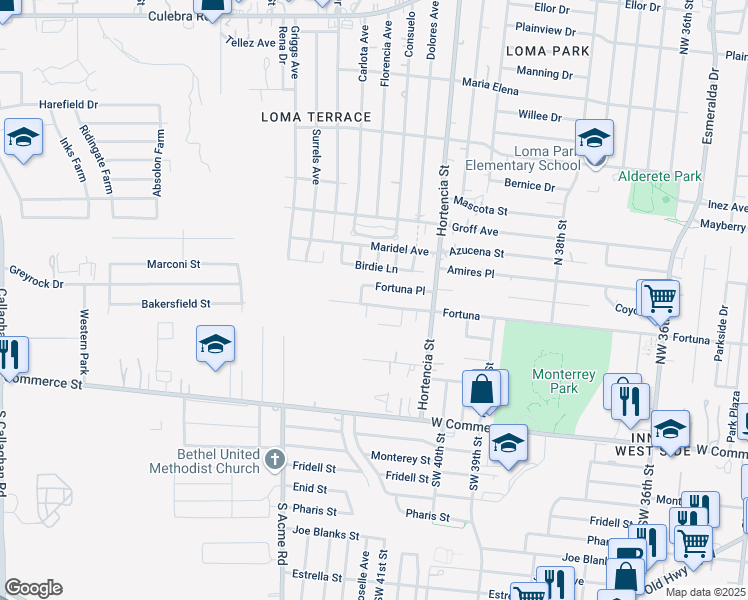 map of restaurants, bars, coffee shops, grocery stores, and more near 4906 Fortuna Street in San Antonio
