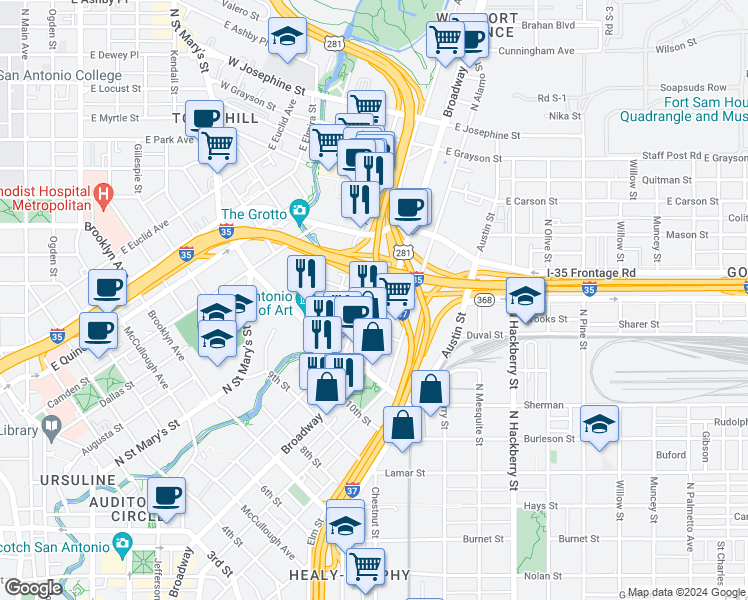 map of restaurants, bars, coffee shops, grocery stores, and more near 344 Roy Smith Street in San Antonio