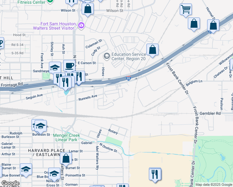 map of restaurants, bars, coffee shops, grocery stores, and more near 2818 Interstate 35 in San Antonio
