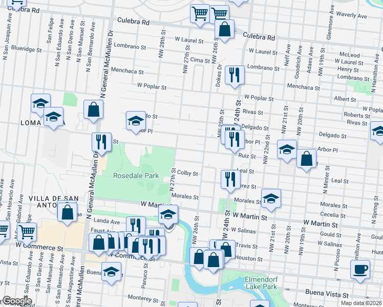 map of restaurants, bars, coffee shops, grocery stores, and more near 131 Bowdoin Street in San Antonio