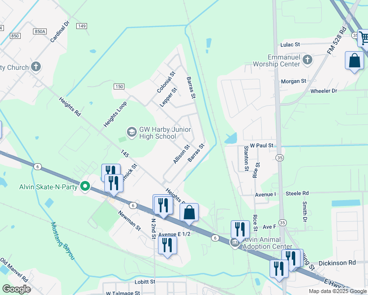 map of restaurants, bars, coffee shops, grocery stores, and more near 1502 Allison Street in Alvin