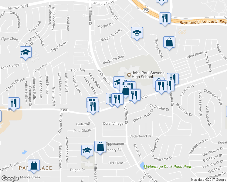 map of restaurants, bars, coffee shops, grocery stores, and more near 502 Gable Point in San Antonio