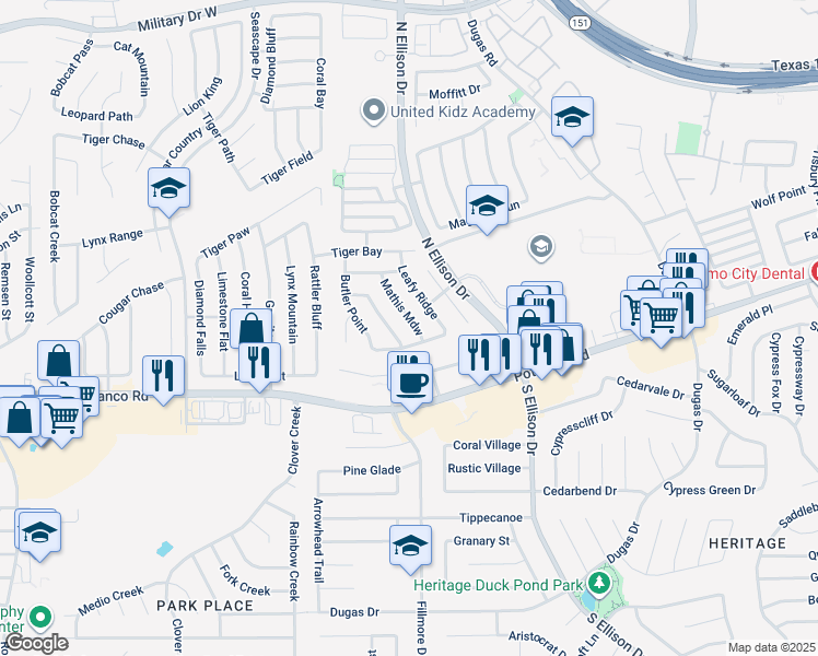 map of restaurants, bars, coffee shops, grocery stores, and more near 515 Mathis Mdw in San Antonio
