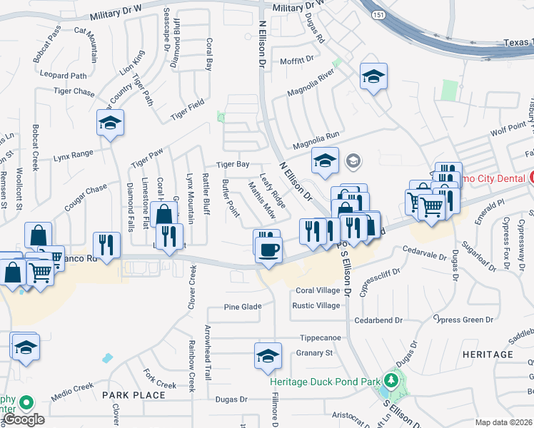 map of restaurants, bars, coffee shops, grocery stores, and more near 503 Mathis Mdw in San Antonio