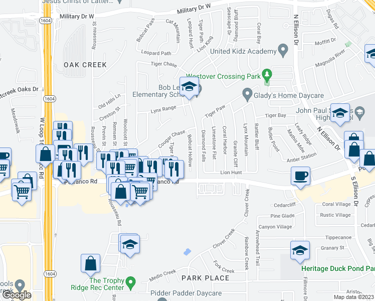 map of restaurants, bars, coffee shops, grocery stores, and more near 451 Bobcat Hollow in San Antonio