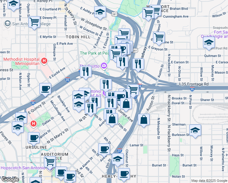 map of restaurants, bars, coffee shops, grocery stores, and more near 201 Avenue A in San Antonio
