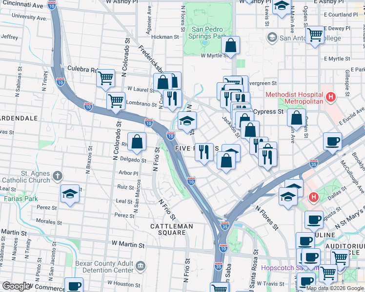 map of restaurants, bars, coffee shops, grocery stores, and more near 125 Walsh Street in San Antonio