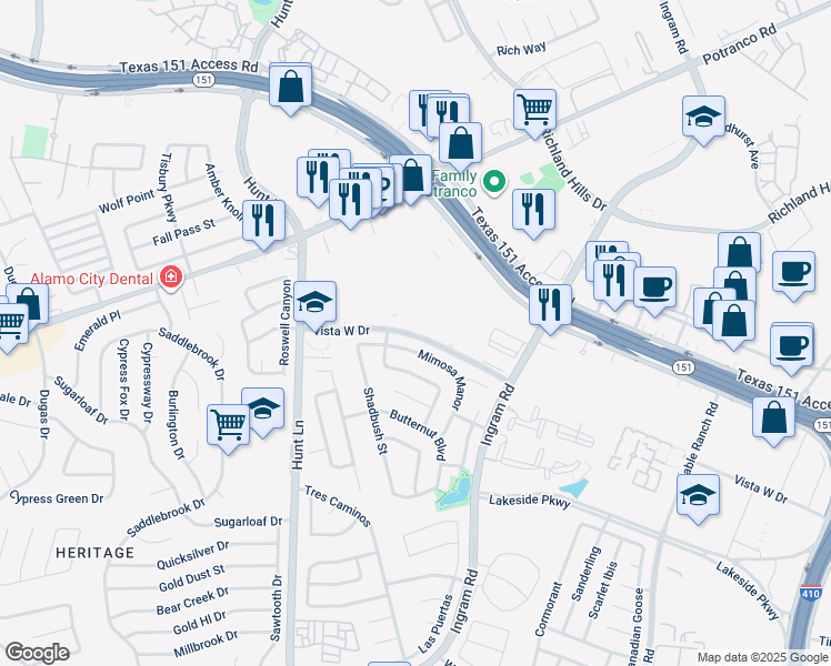 map of restaurants, bars, coffee shops, grocery stores, and more near 9315 Mimosa Manor in San Antonio