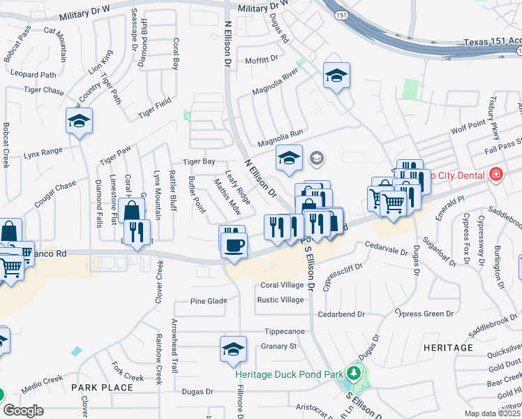 map of restaurants, bars, coffee shops, grocery stores, and more near 10002 Antler Station in San Antonio