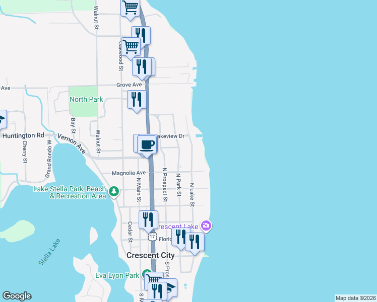 map of restaurants, bars, coffee shops, grocery stores, and more near 508 North Lake Street in Crescent City