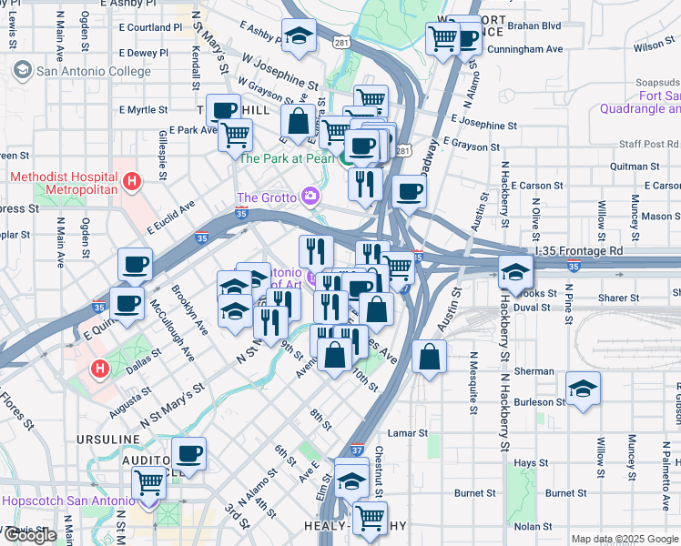 map of restaurants, bars, coffee shops, grocery stores, and more near 122 Roy Smith Street in San Antonio