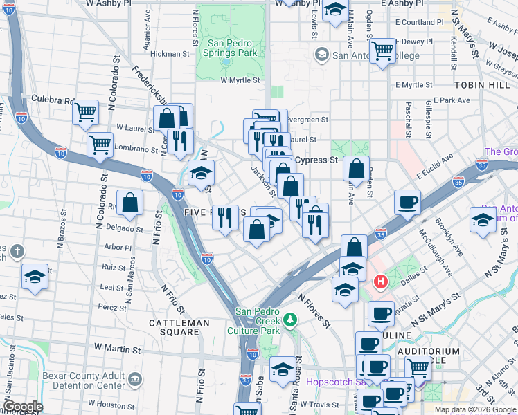 map of restaurants, bars, coffee shops, grocery stores, and more near 301 Warren Street in San Antonio