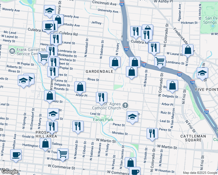 map of restaurants, bars, coffee shops, grocery stores, and more near 806 Delgado Street in San Antonio