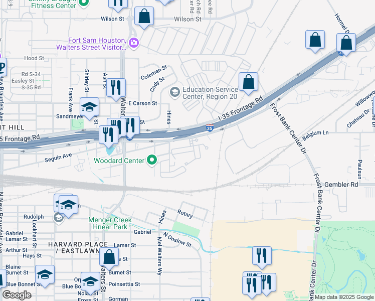 map of restaurants, bars, coffee shops, grocery stores, and more near 2818 Interstate 35 in San Antonio