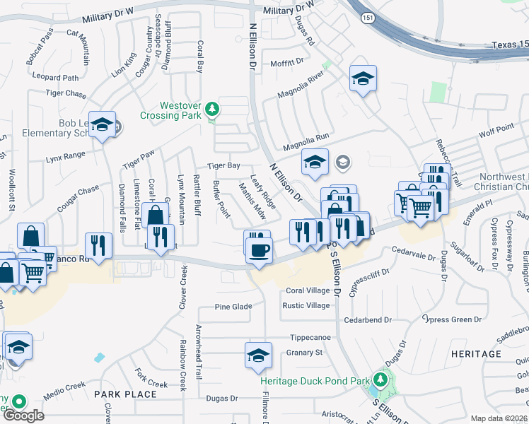 map of restaurants, bars, coffee shops, grocery stores, and more near 503 Mathis Mdw in San Antonio