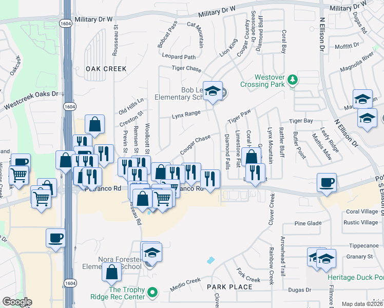 map of restaurants, bars, coffee shops, grocery stores, and more near 430 Leopard Claw in San Antonio