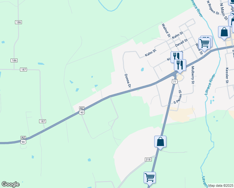 map of restaurants, bars, coffee shops, grocery stores, and more near 825 Fairwinds Street in Hallettsville