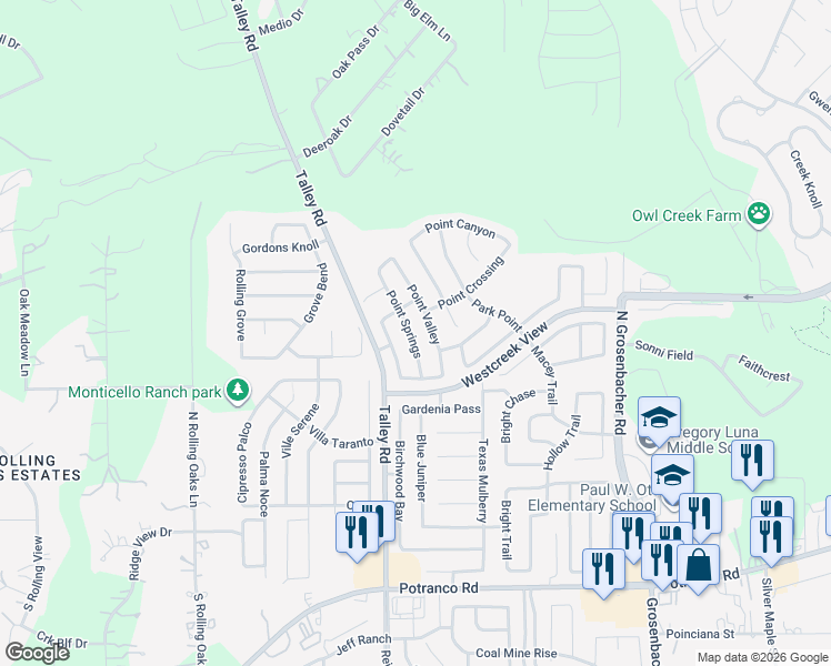 map of restaurants, bars, coffee shops, grocery stores, and more near 522 Point Springs in San Antonio