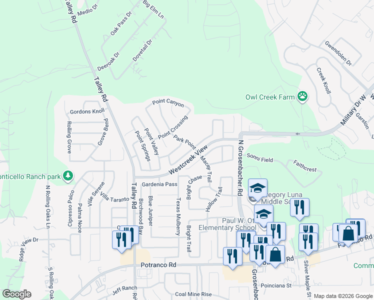 map of restaurants, bars, coffee shops, grocery stores, and more near 12626 Point Summit in San Antonio