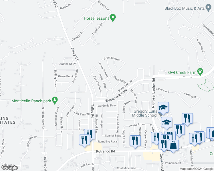map of restaurants, bars, coffee shops, grocery stores, and more near 516 Point Valley in San Antonio