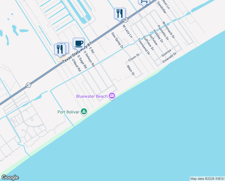 map of restaurants, bars, coffee shops, grocery stores, and more near 1122 Blue Water Drive in Bolivar Peninsula