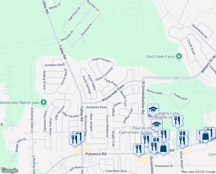 map of restaurants, bars, coffee shops, grocery stores, and more near 12626 Point Summit in San Antonio