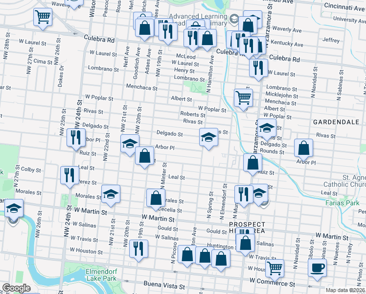 map of restaurants, bars, coffee shops, grocery stores, and more near 746 Camada Street in San Antonio