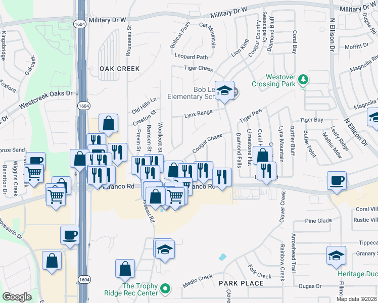 map of restaurants, bars, coffee shops, grocery stores, and more near 10811 Cougar Chase in San Antonio