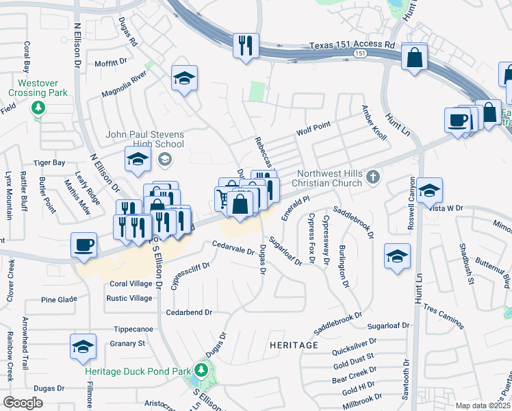 map of restaurants, bars, coffee shops, grocery stores, and more near Potranco Rd & Dugas Dr in San Antonio