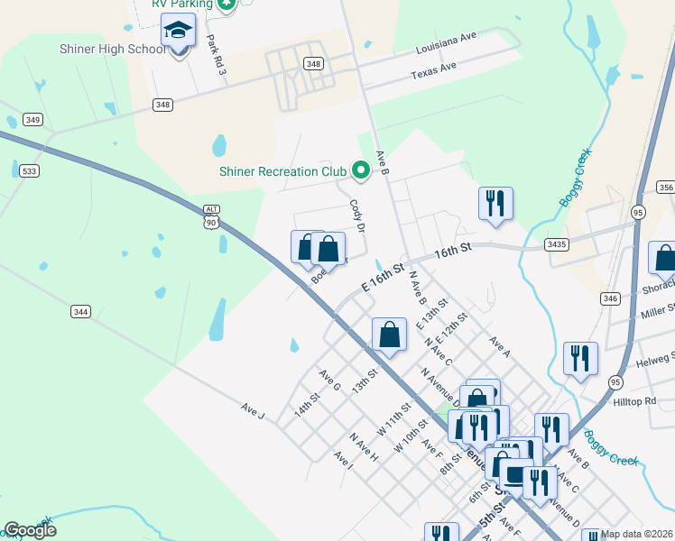 map of restaurants, bars, coffee shops, grocery stores, and more near 201 East 16th Street in Shiner