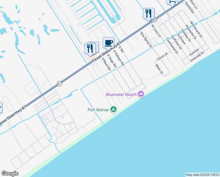 map of restaurants, bars, coffee shops, grocery stores, and more near 877 South Tinkle Lane in Bolivar Peninsula