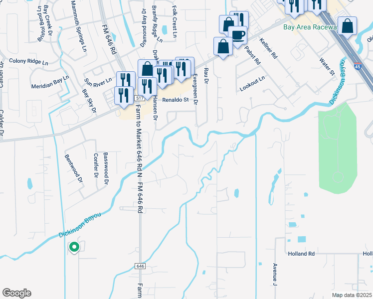 map of restaurants, bars, coffee shops, grocery stores, and more near 12307 Pine Oak Drive in Dickinson