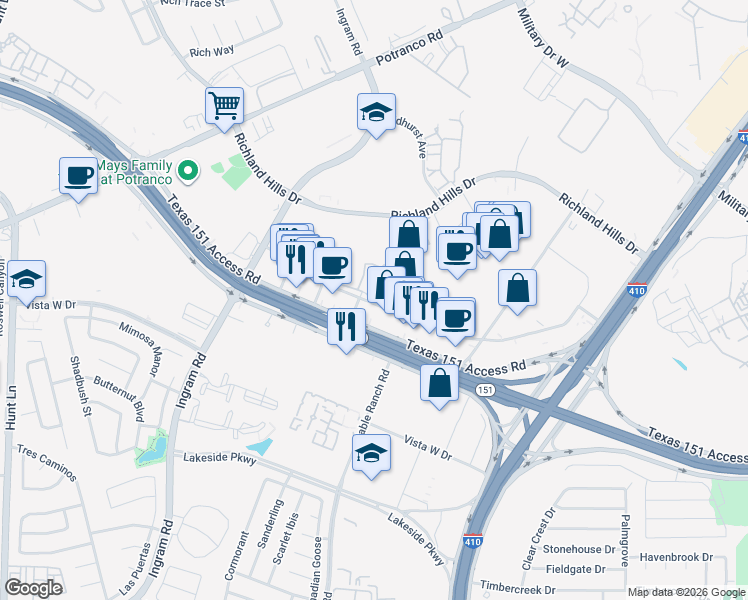 map of restaurants, bars, coffee shops, grocery stores, and more near 8543 Texas 151 in San Antonio