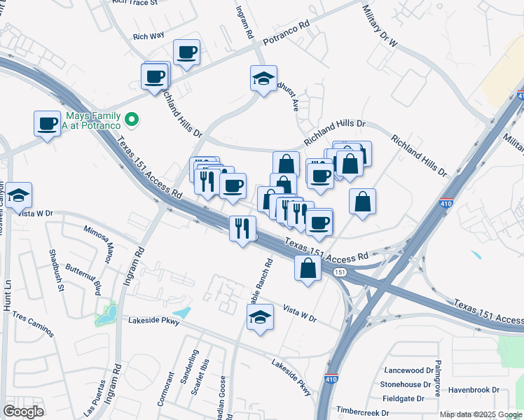 map of restaurants, bars, coffee shops, grocery stores, and more near 8543 Texas 151 in San Antonio