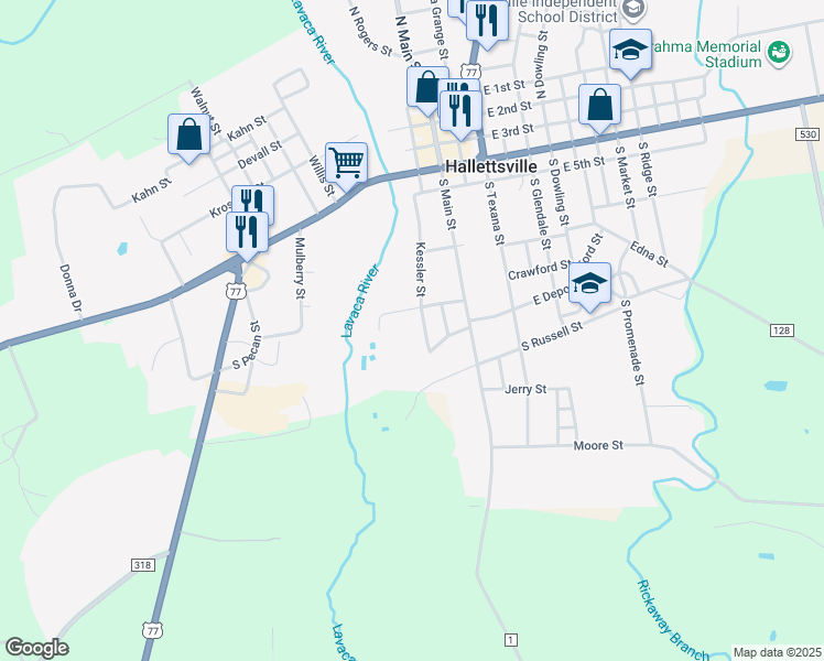 map of restaurants, bars, coffee shops, grocery stores, and more near 207 River Street in Hallettsville
