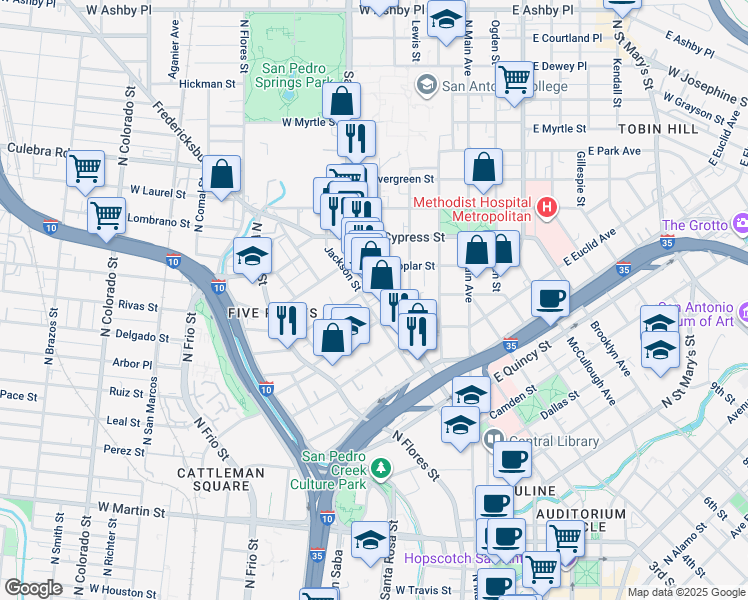 map of restaurants, bars, coffee shops, grocery stores, and more near 604 Jackson Street in San Antonio
