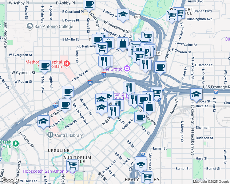 map of restaurants, bars, coffee shops, grocery stores, and more near 326 West Jones Avenue in San Antonio