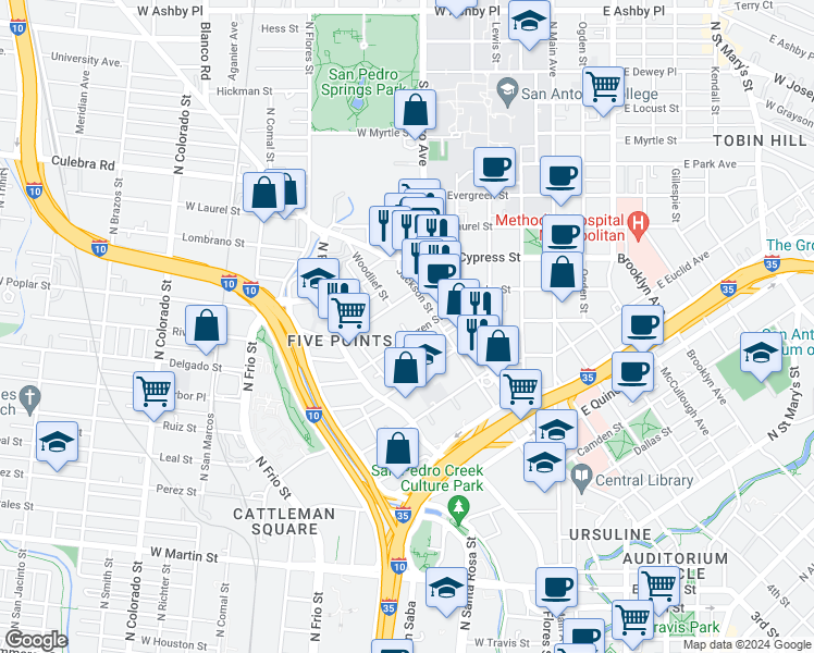 map of restaurants, bars, coffee shops, grocery stores, and more near 725 West Poplar Street in San Antonio