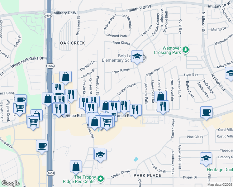 map of restaurants, bars, coffee shops, grocery stores, and more near 10607 Cougar Chase in San Antonio