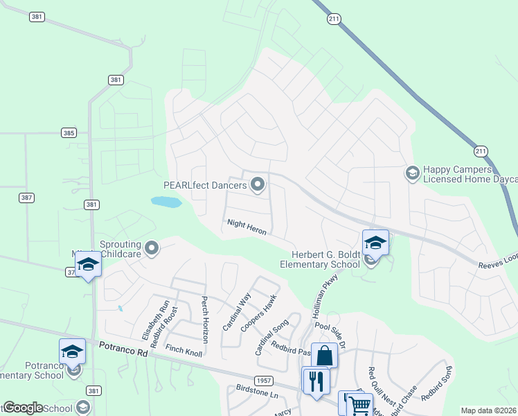 map of restaurants, bars, coffee shops, grocery stores, and more near 15409 Bobwhite Quail in San Antonio