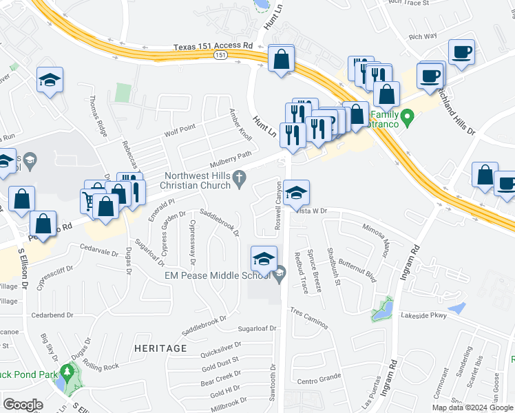 map of restaurants, bars, coffee shops, grocery stores, and more near 9510 Raton Falls in San Antonio