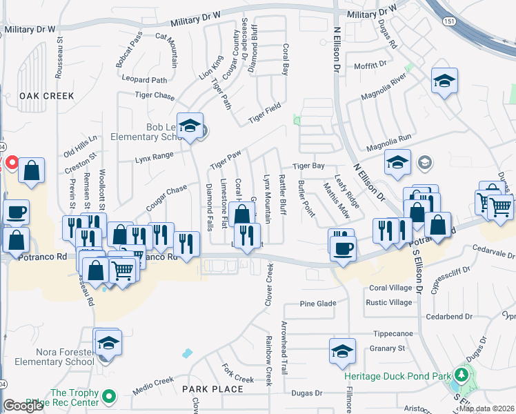 map of restaurants, bars, coffee shops, grocery stores, and more near 623 Granite Cliff in San Antonio