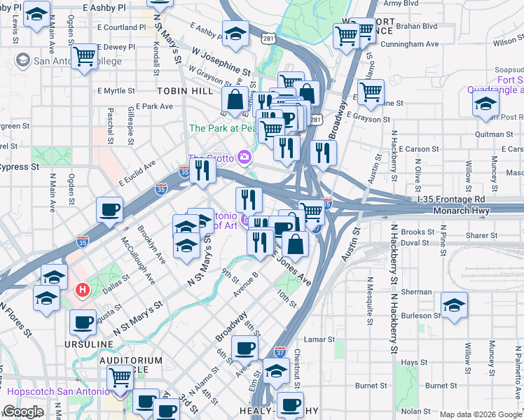 map of restaurants, bars, coffee shops, grocery stores, and more near 128 Roy Smith Street in San Antonio