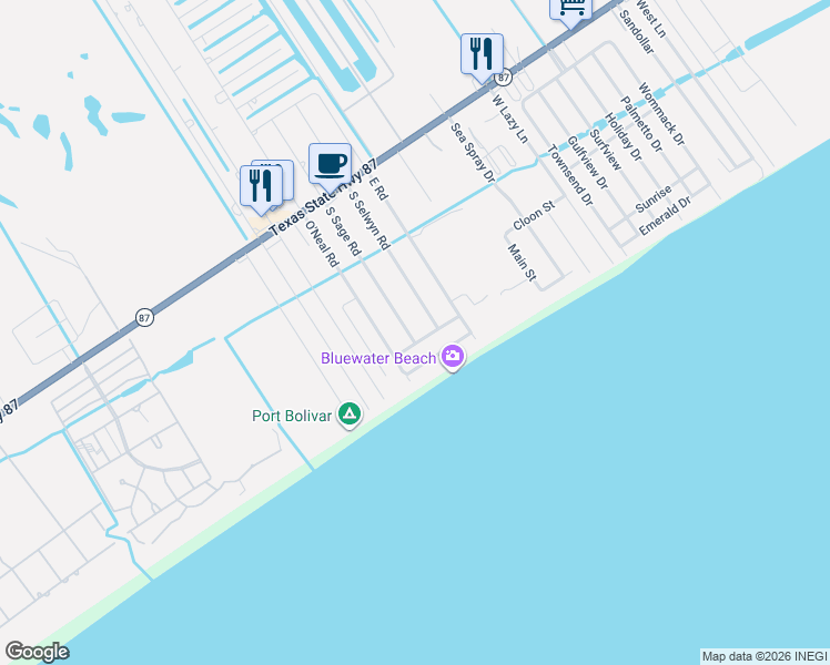 map of restaurants, bars, coffee shops, grocery stores, and more near 860 South Sage Road in Galveston