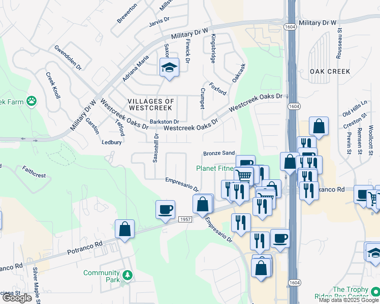 map of restaurants, bars, coffee shops, grocery stores, and more near 1007 Creek Cor in San Antonio