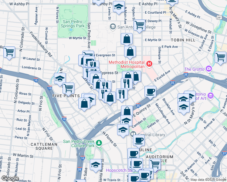 map of restaurants, bars, coffee shops, grocery stores, and more near 233 Howard Street in San Antonio